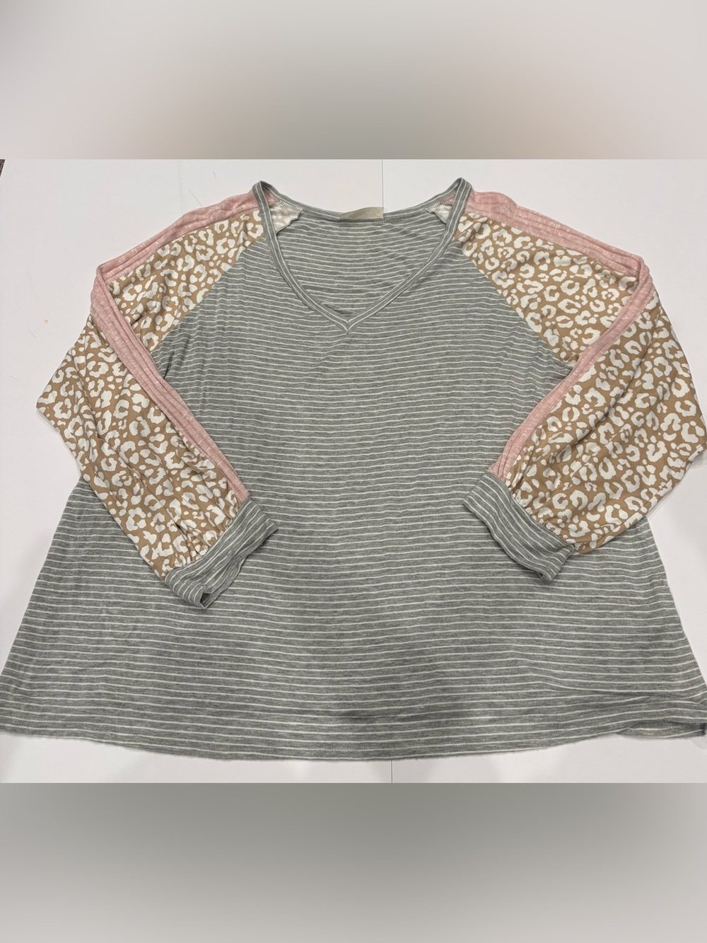 Striped Long Sleeve Top with Leopard Sleeves - Gray & Pink